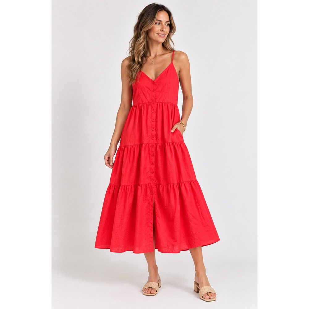 Evereve Red Tiered Midi Dress V-Neck Button Down Sleeveless Dress Medium